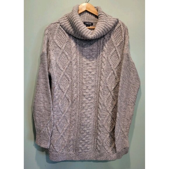 Lands End Gray Chunky Cableknit Fisherman Cowl Neck Wool Blend Tunic Sweater L - Picture 1 of 8